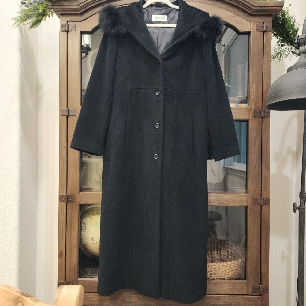 Rare VINTAGE Calvin Klein Luxury Maxi Coat 65% Angora & Wool Genuine Blue Fox, M - Picture 12 of 14